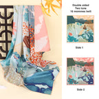 Both sides of the two lakes silk scarf shown side by side in jade and blush