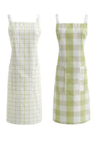 Green two pack holding one windowpane check apron and one large buffalo check apron