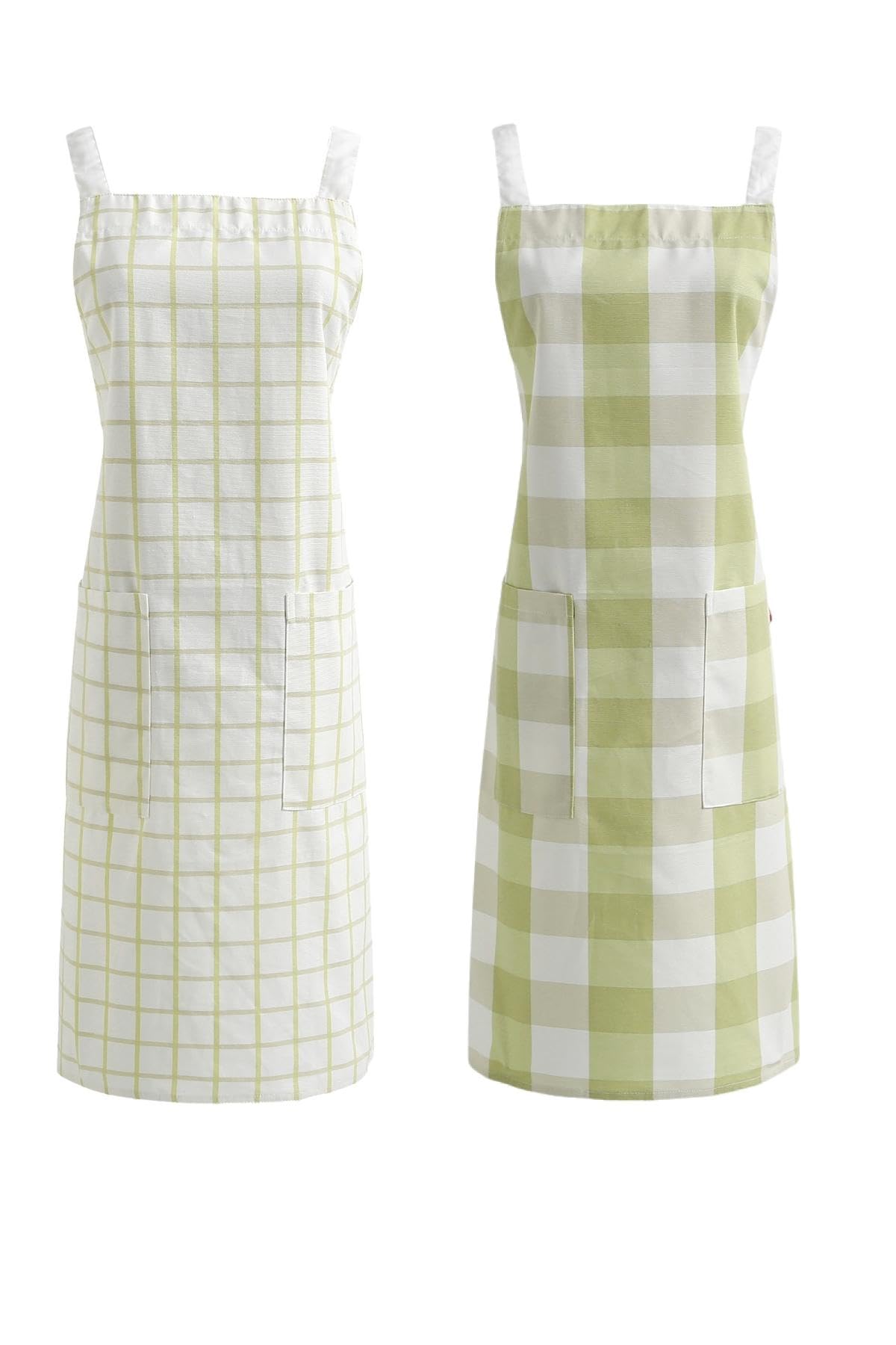 Green two pack holding one windowpane check apron and one large buffalo check apron