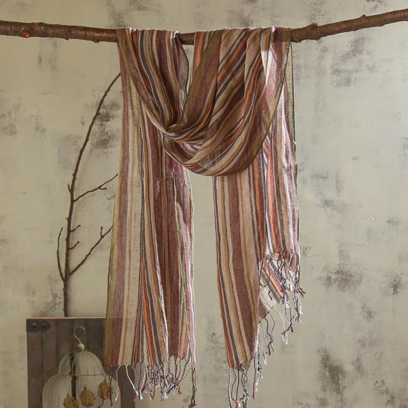 Corner of the striped scarf showing fringe length against a white background