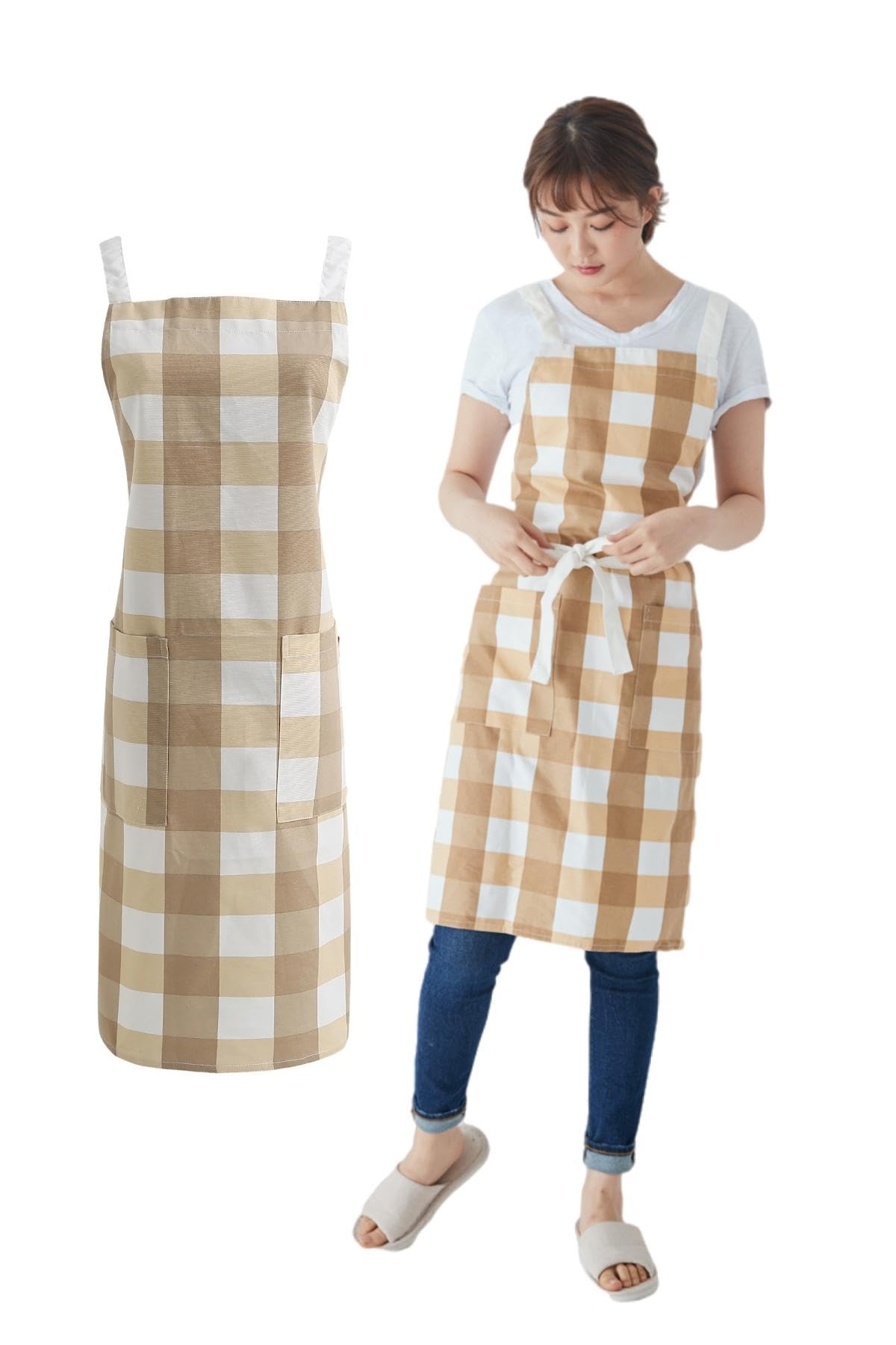 Woman in a large brown buffalo check cross back apron beside the same apron flat