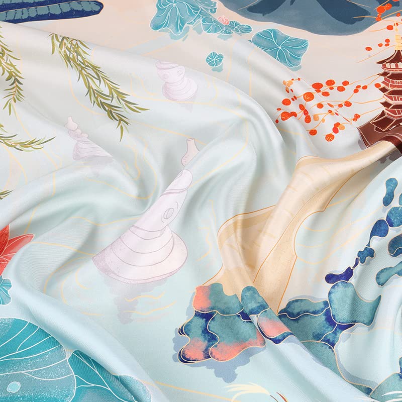 Close up of the lotus persimmon and rippled water motifs on the silk twill