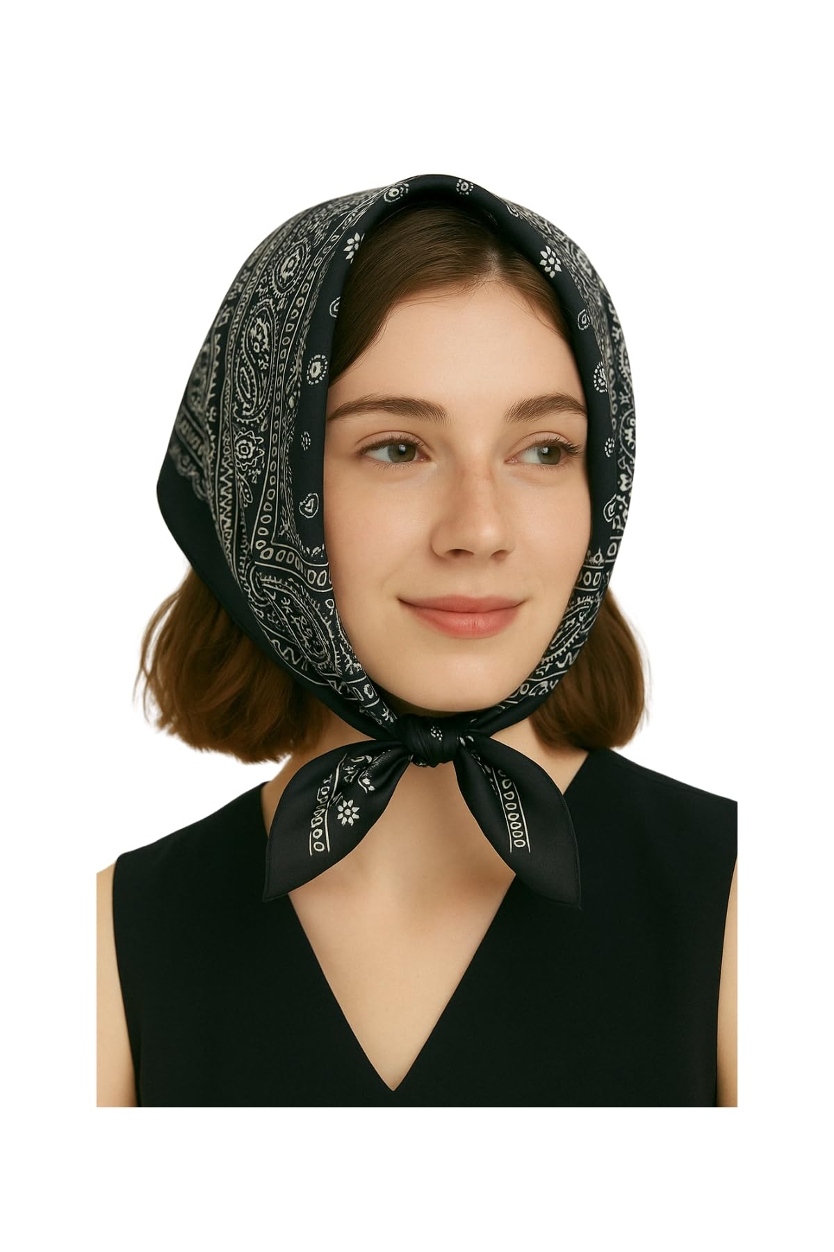 Woman wearing the black bandana square as a headscarf, tied under the chin