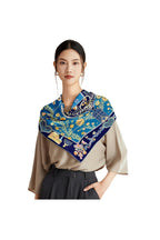 Cobalt silk scarf printed with folk art garland hearts tulips daisies and small cottages