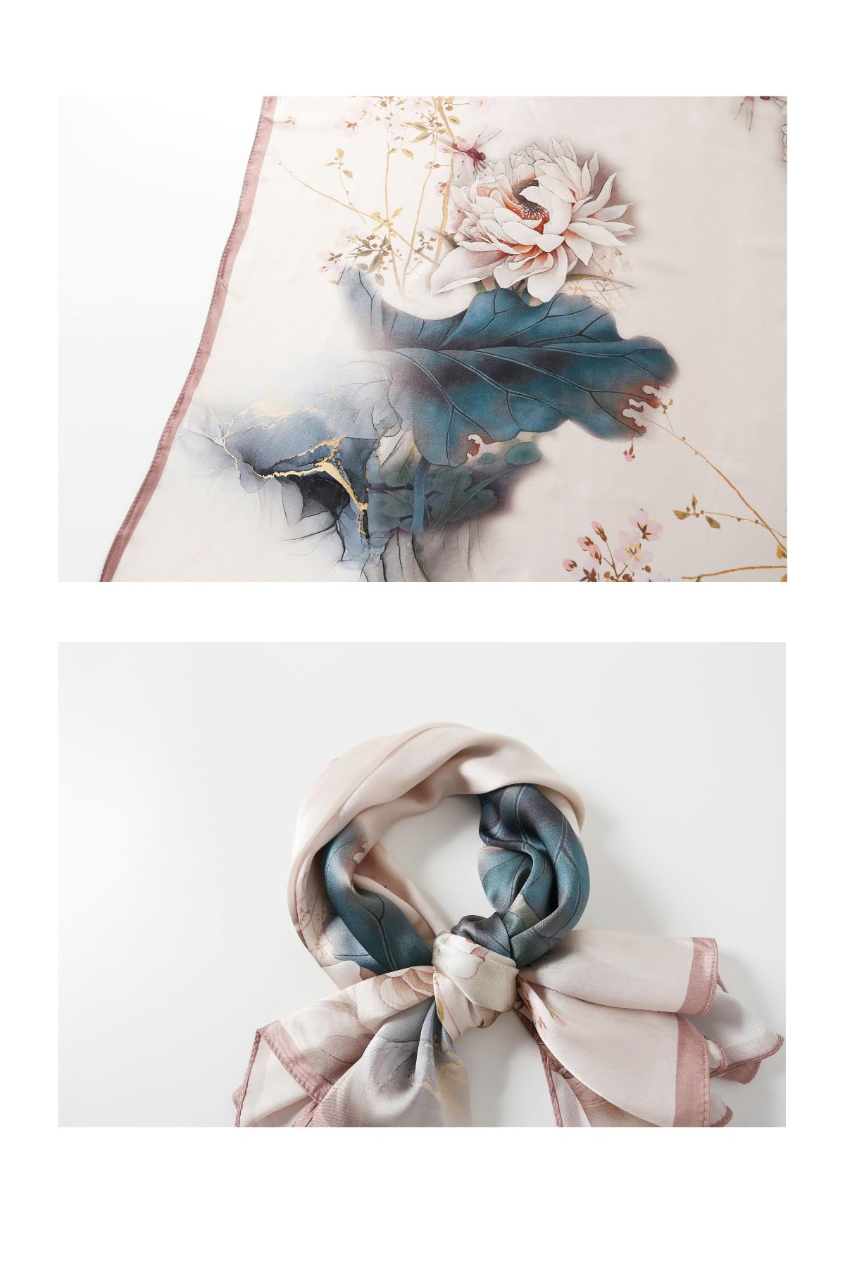 Two views of the ink lotus silk scarf folded and tied