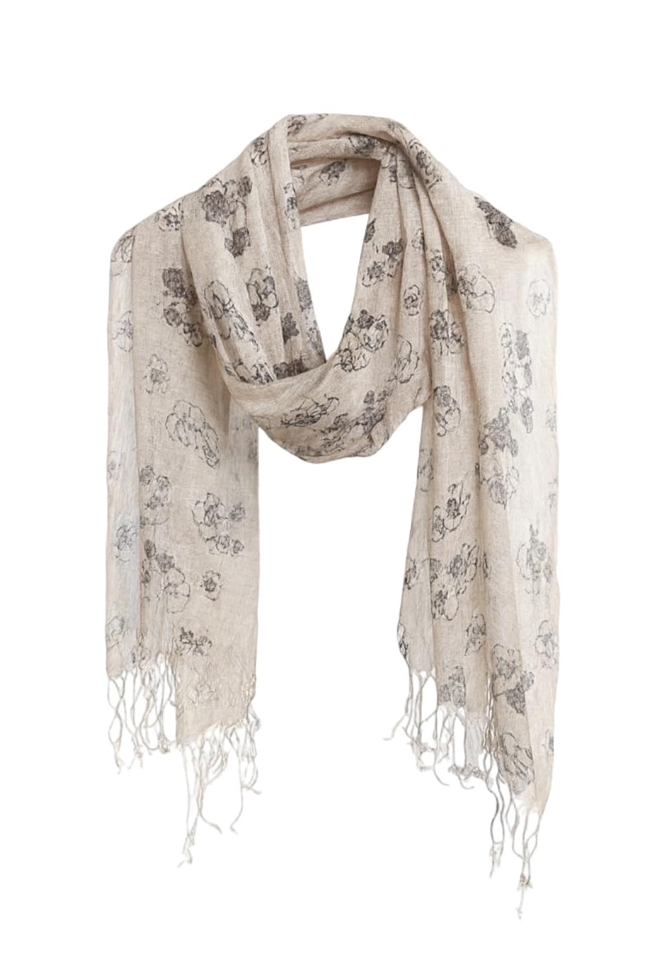 Undyed linen scarf printed with small charcoal blossoms on a fine 50s count yarn