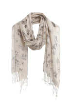 Undyed linen scarf printed with small charcoal blossoms on a fine 50s count yarn