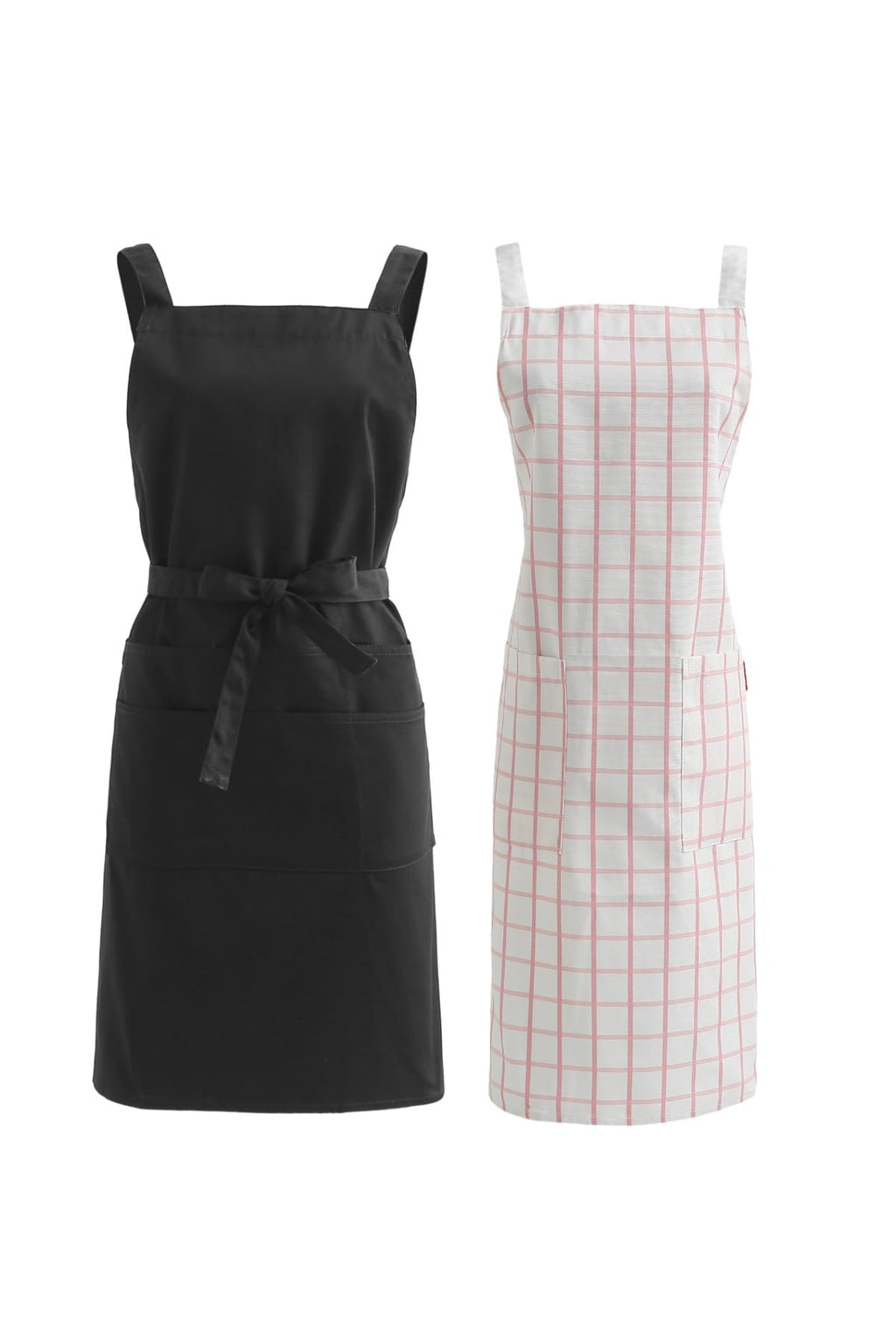 Plain black apron shown next to a soft pink windowpane check apron in the two pack