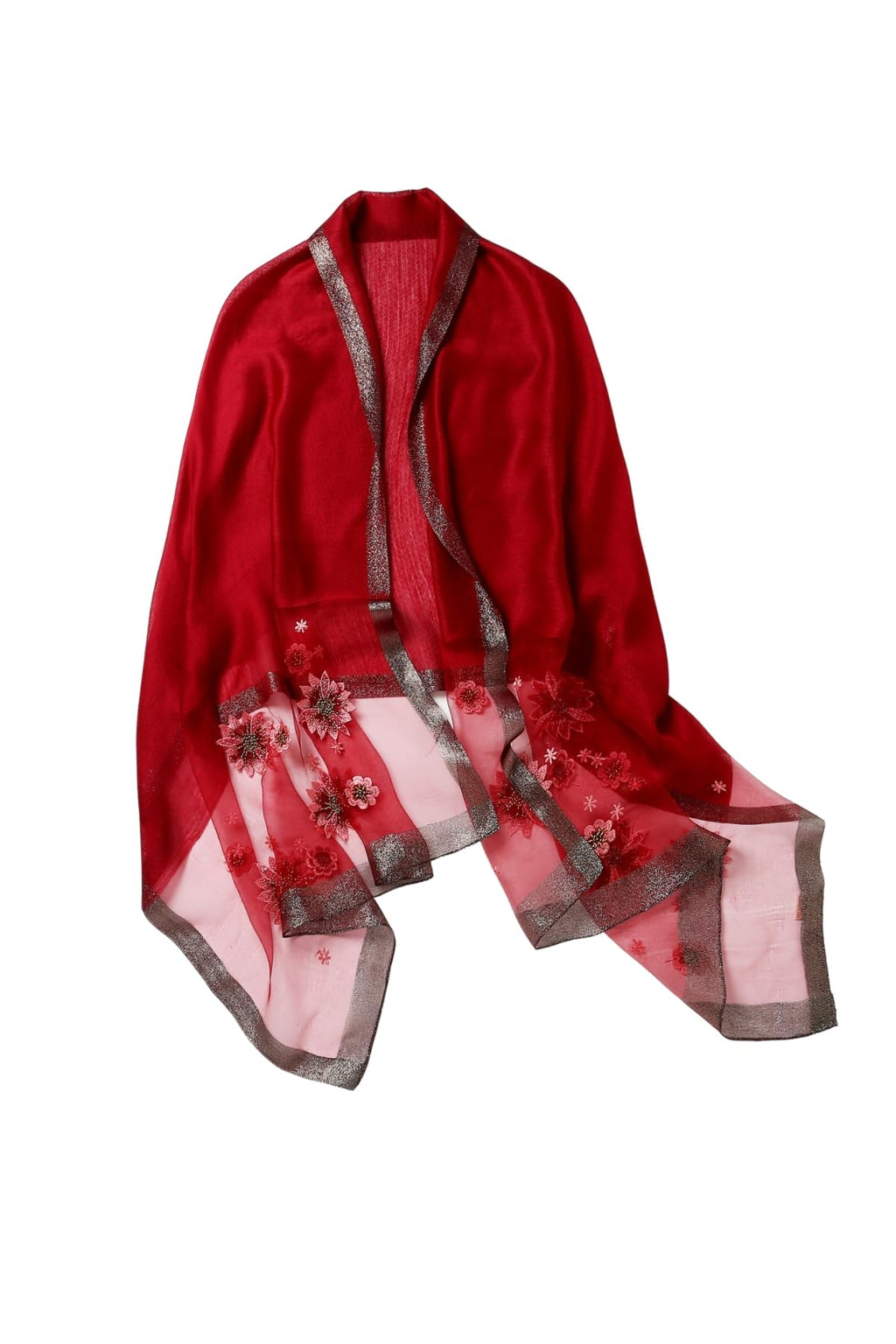 Deep red semi sheer shawl with beaded floral bouquet embroidery and a metallic woven border