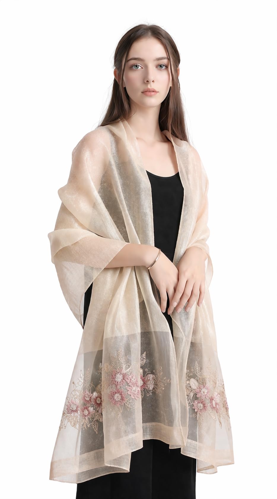 Model wearing the champagne beaded shawl open over a black dress