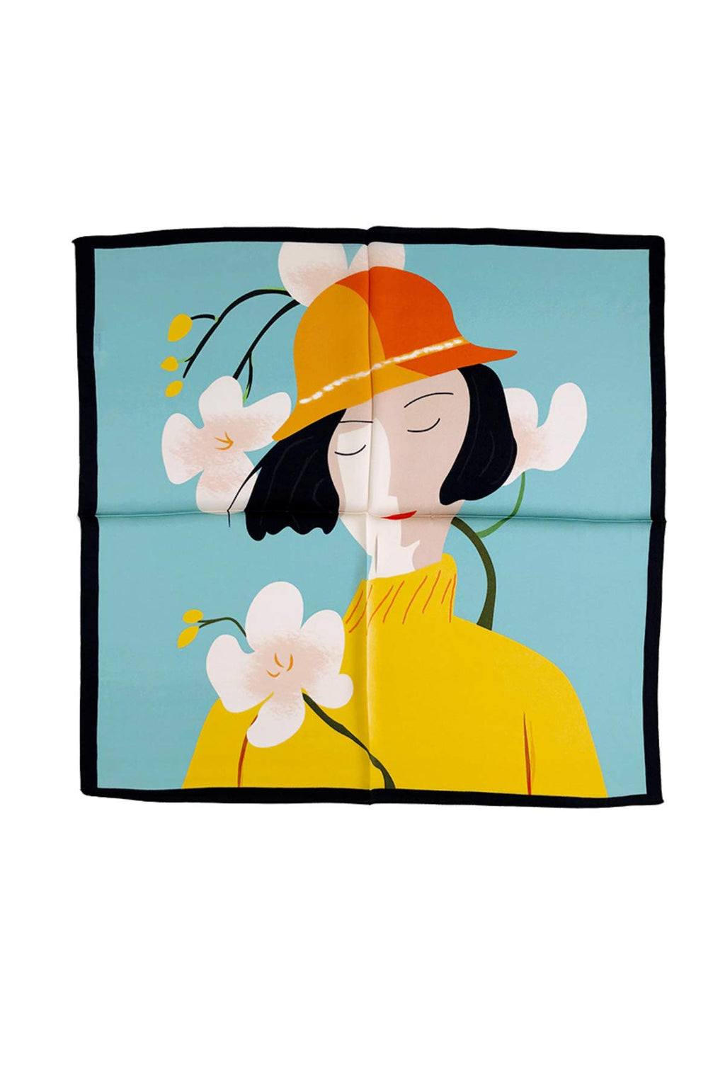 Aqua square flat, a graphic portrait of a woman in an orange hat among white blooms