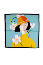 Aqua square flat, a graphic portrait of a woman in an orange hat among white blooms