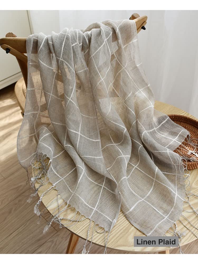 Size reference for the plaid linen scarf showing panel dimensions and fringe