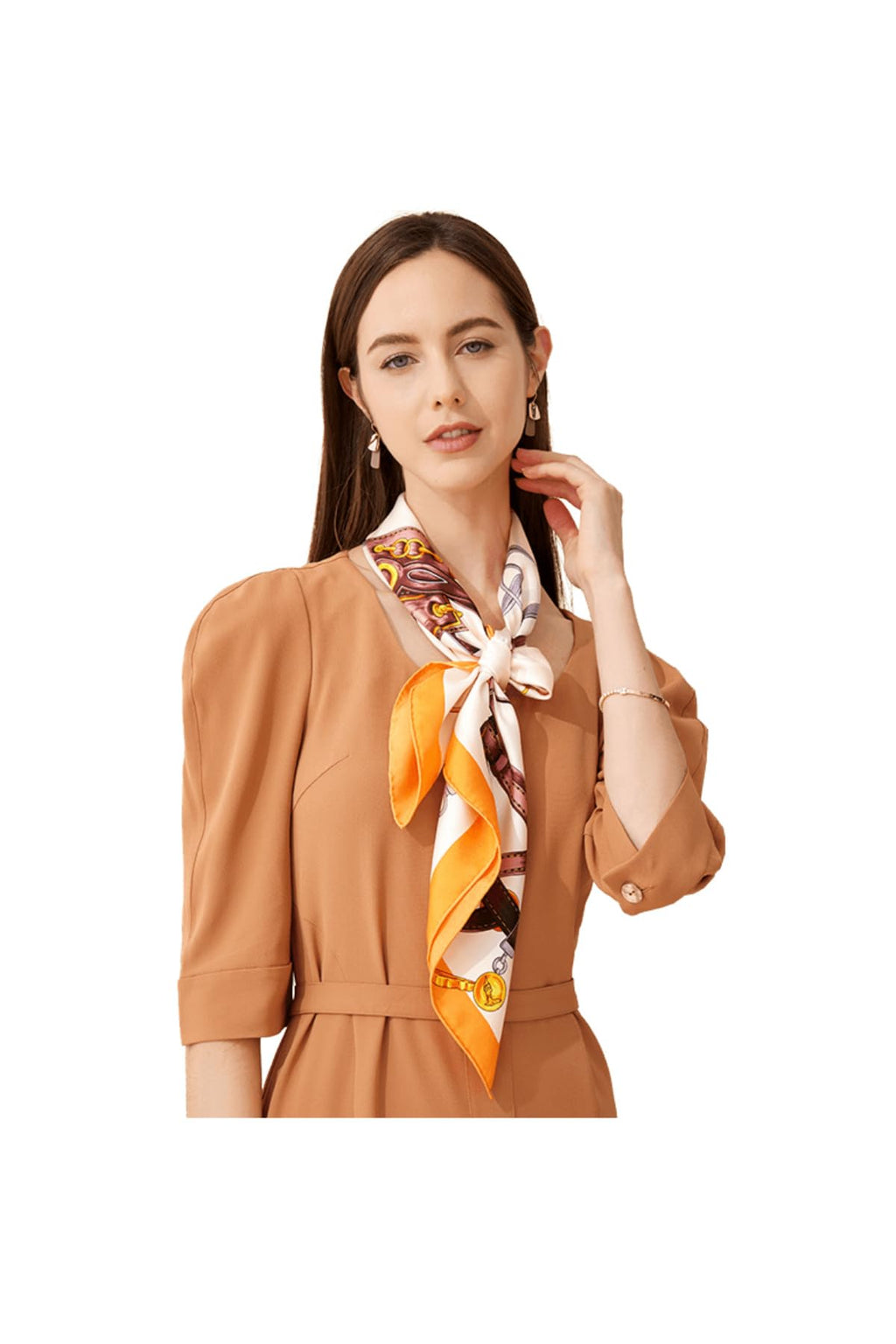 Cream silk scarf printed with chestnut bridles snaffle bits and stirrups inside a wide orange border