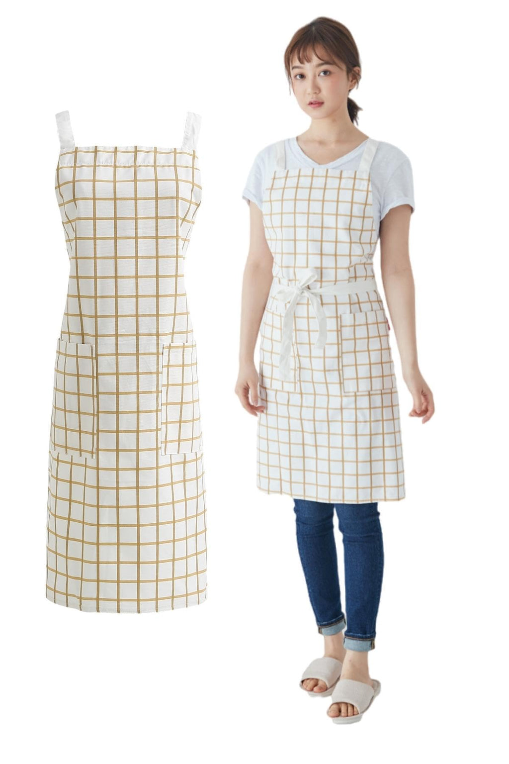 Woman wearing a fine brown windowpane check cross back apron