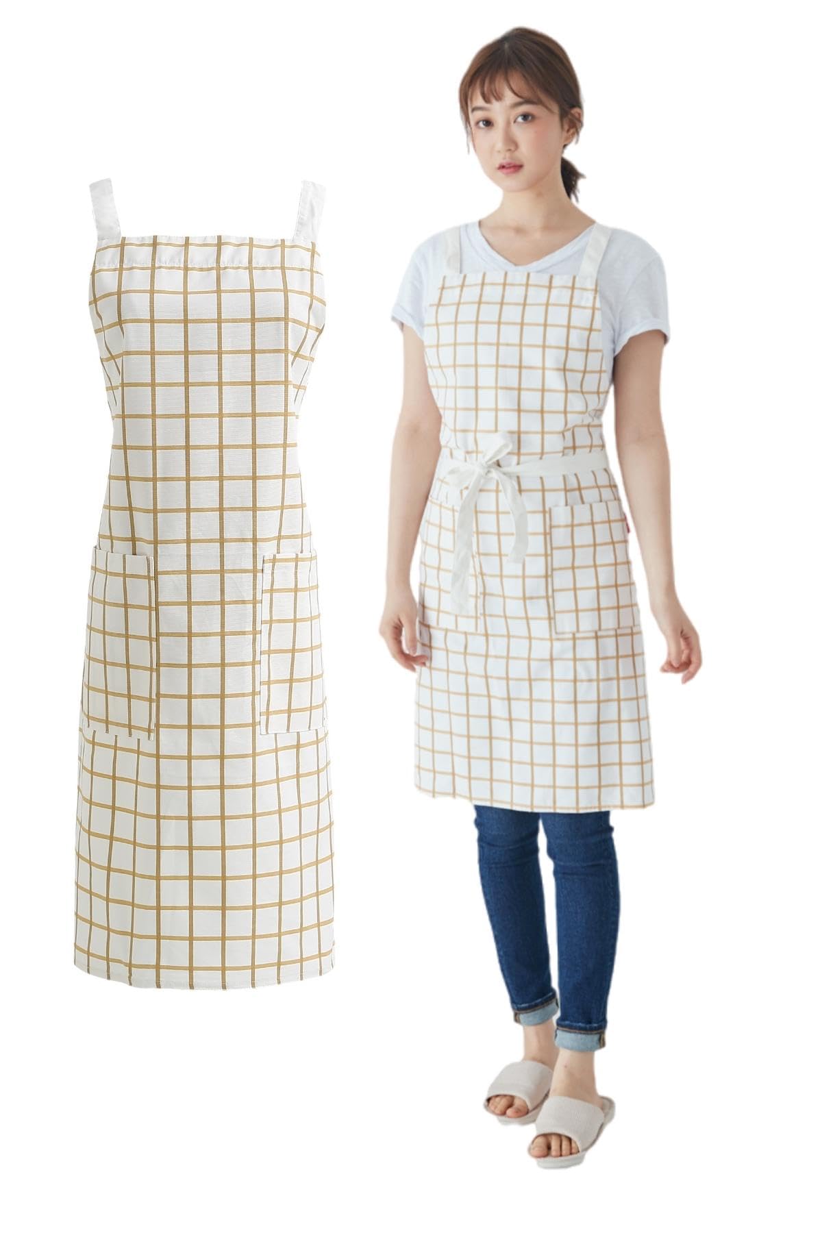 Woman wearing a fine brown windowpane check cross back apron