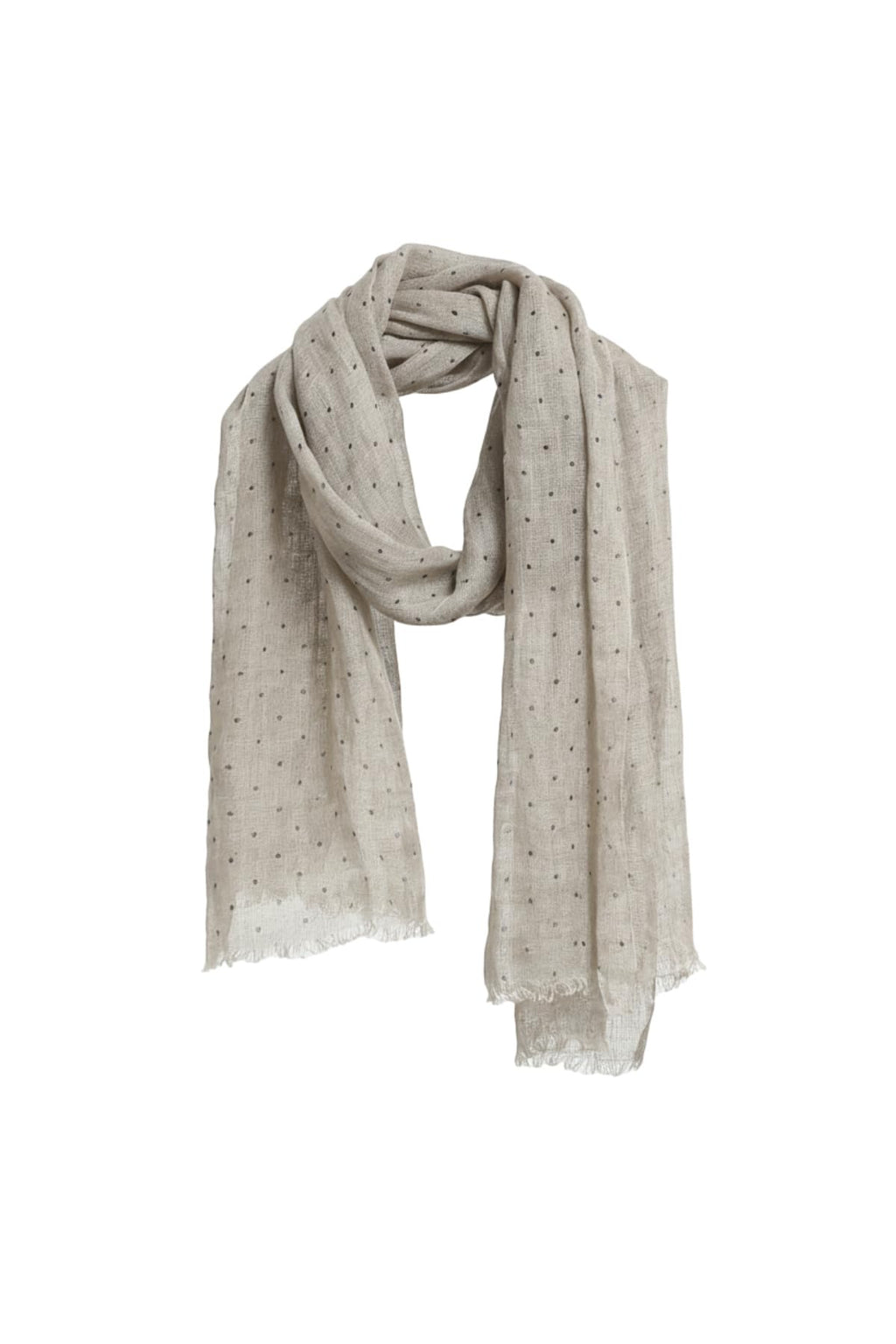 Undyed beige linen scarf printed with small black polka dots, softly frayed edge