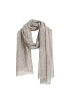Undyed beige linen scarf printed with small black polka dots, softly frayed edge