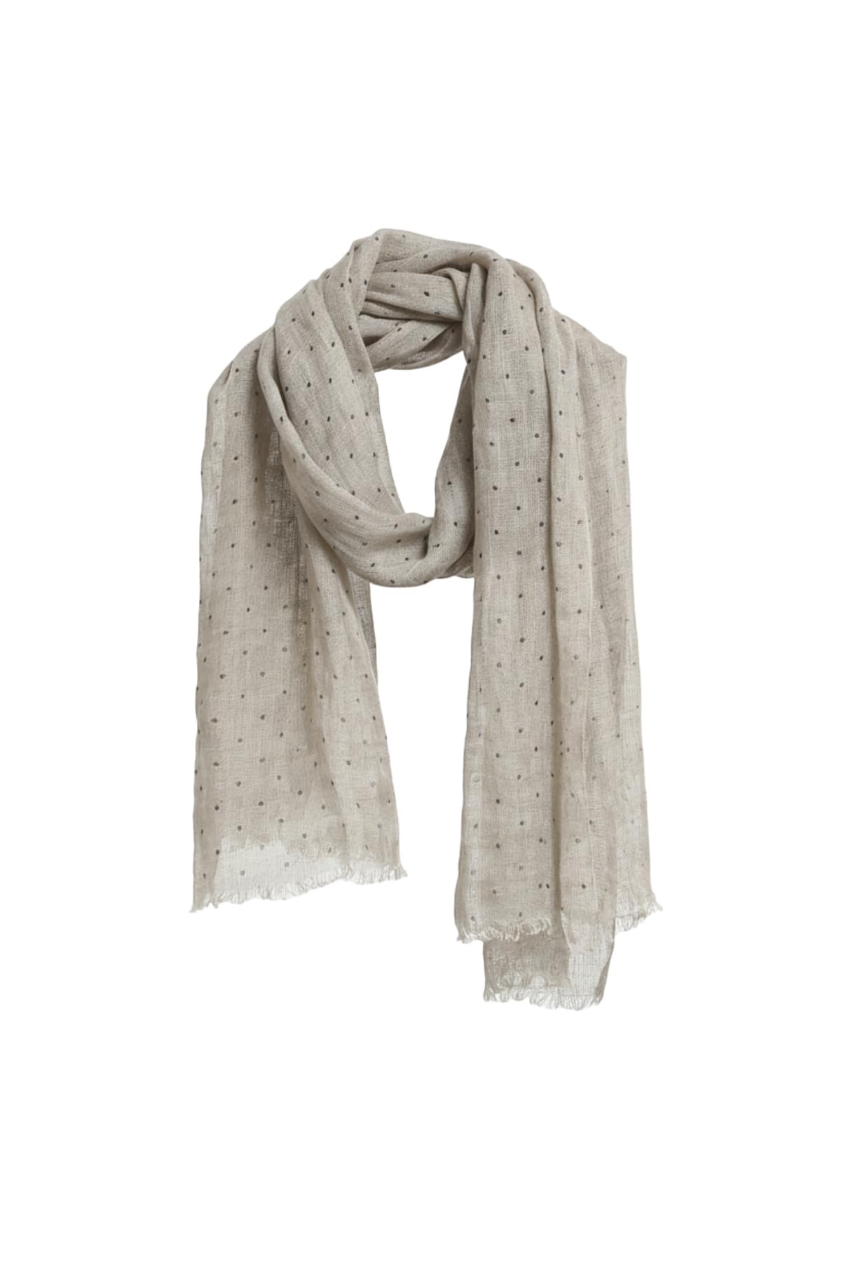 Undyed beige linen scarf printed with small black polka dots, softly frayed edge