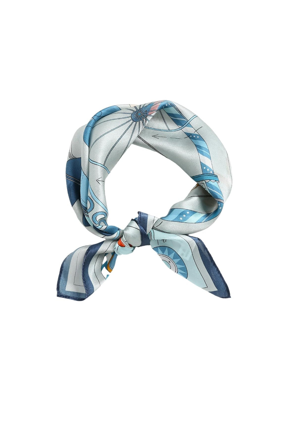 Pale blue illustrated square coiled into a loop and knotted, navy-edged tails