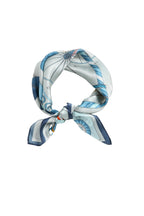 Pale blue illustrated square coiled into a loop and knotted, navy-edged tails