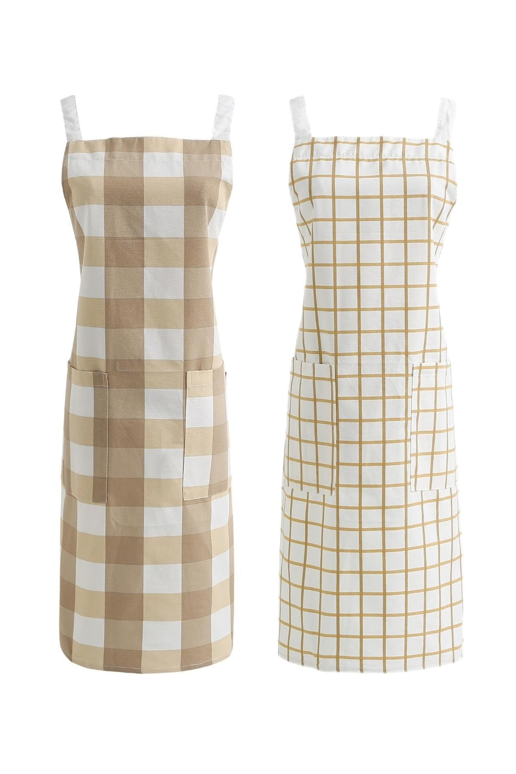 Brown two pack holding one large buffalo check apron and one fine windowpane check