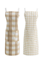 Brown two pack holding one large buffalo check apron and one fine windowpane check