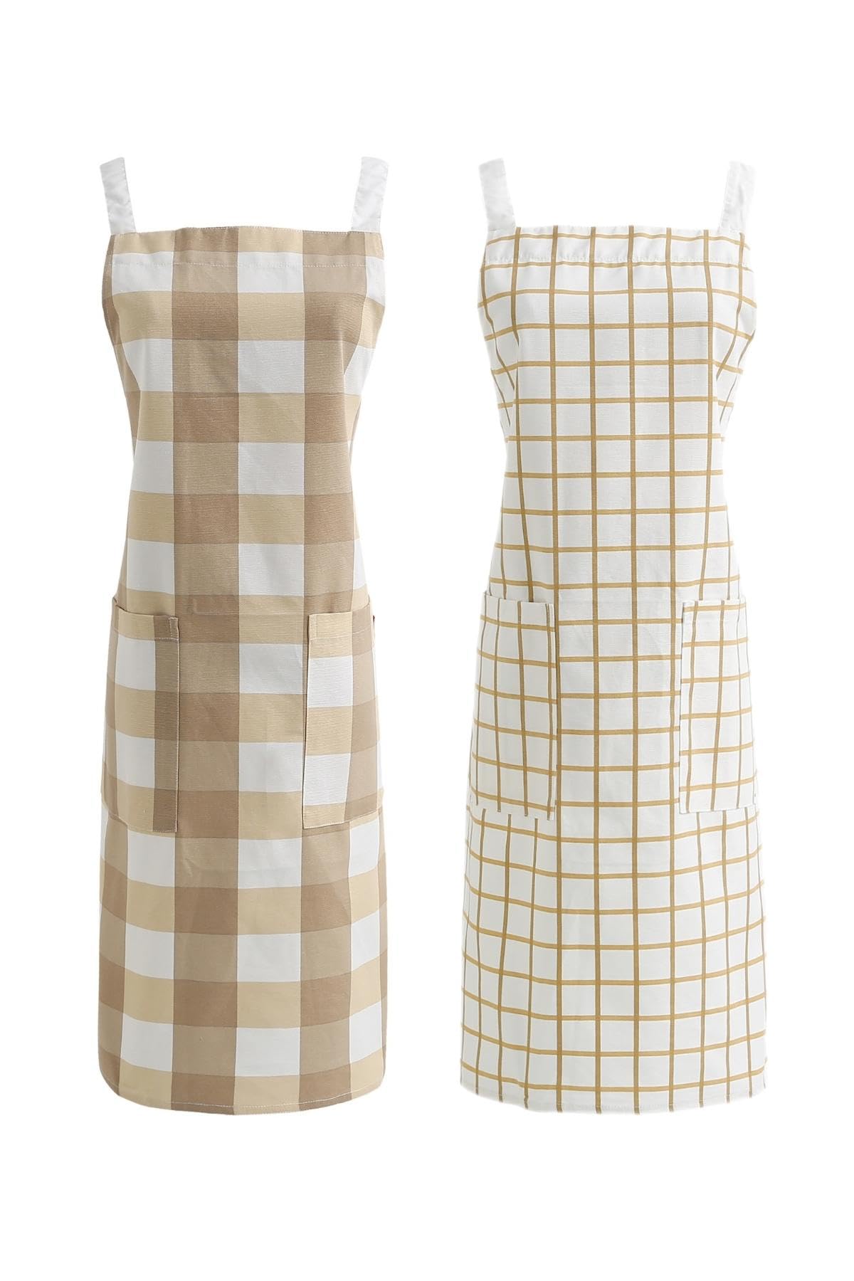 Brown two pack holding one large buffalo check apron and one fine windowpane check
