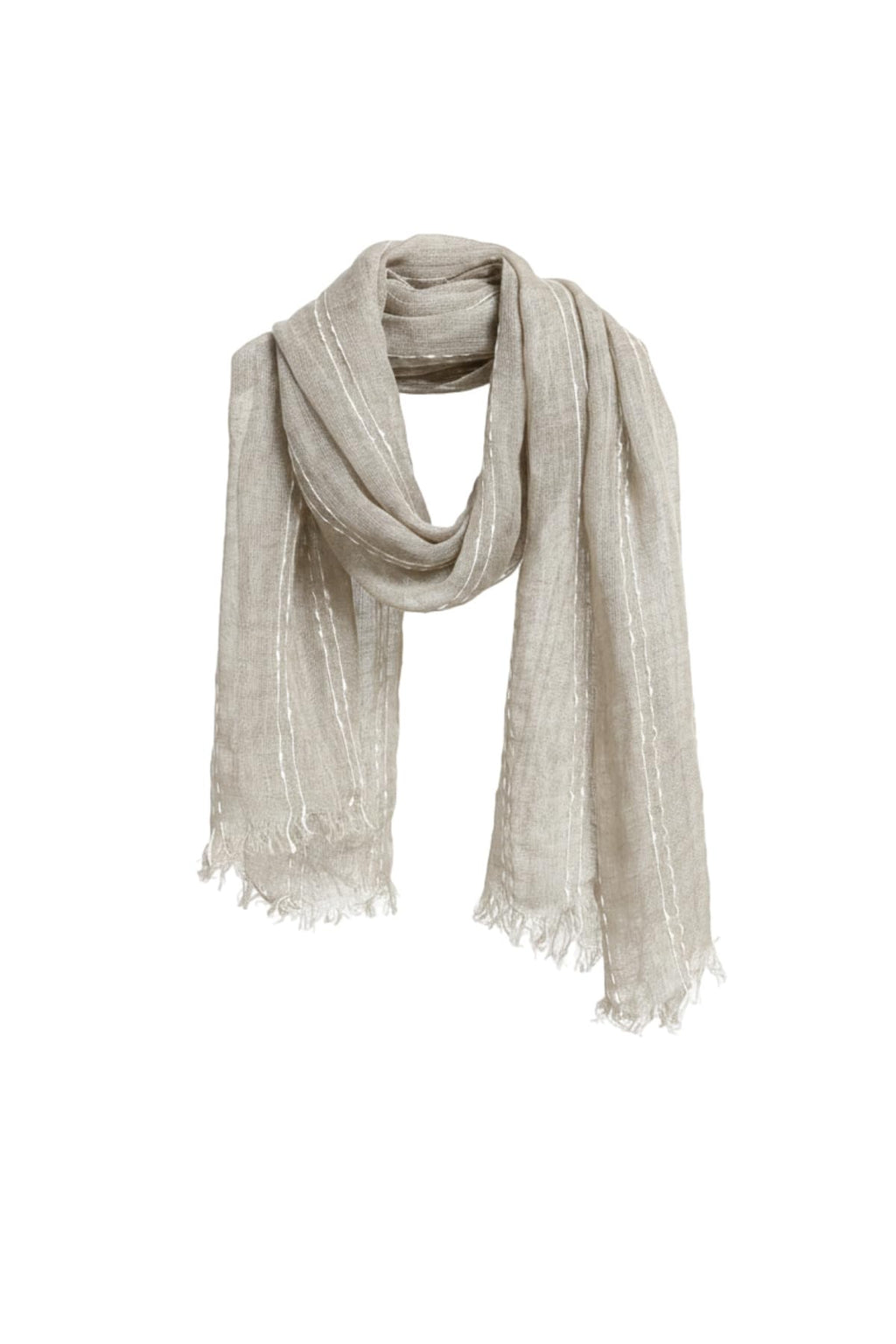 Natural beige linen scarf with fine white slub lines running parallel down the length, softly frayed edge