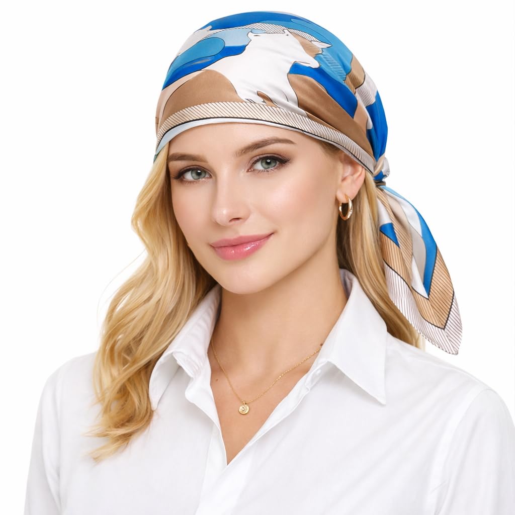 Model wearing the blue mountain cat square as a head scarf tied behind, white shirt below