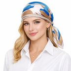 Model wearing the blue mountain cat square as a head scarf tied behind, white shirt below