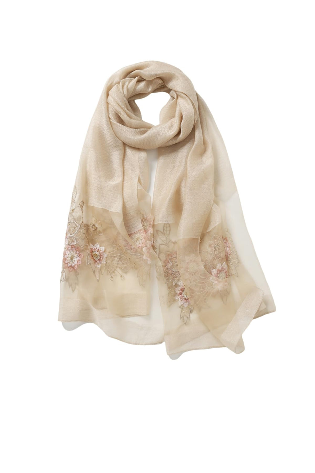 Champagne semi sheer shawl with pink beaded floral bouquet embroidery across both ends