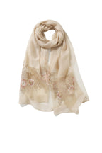 Champagne semi sheer shawl with pink beaded floral bouquet embroidery across both ends