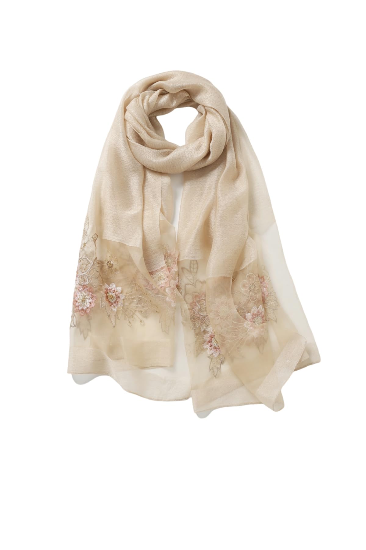 Champagne semi sheer shawl with pink beaded floral bouquet embroidery across both ends