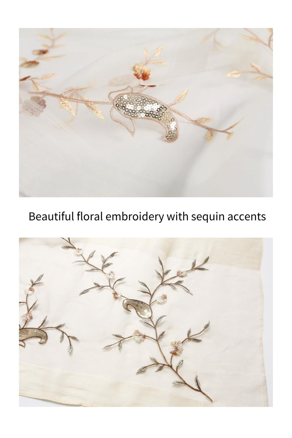Two close ups of the vine embroidery with sequin accents on the khaki ground