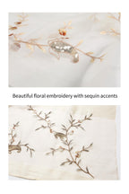 Two close ups of the vine embroidery with sequin accents on the khaki ground