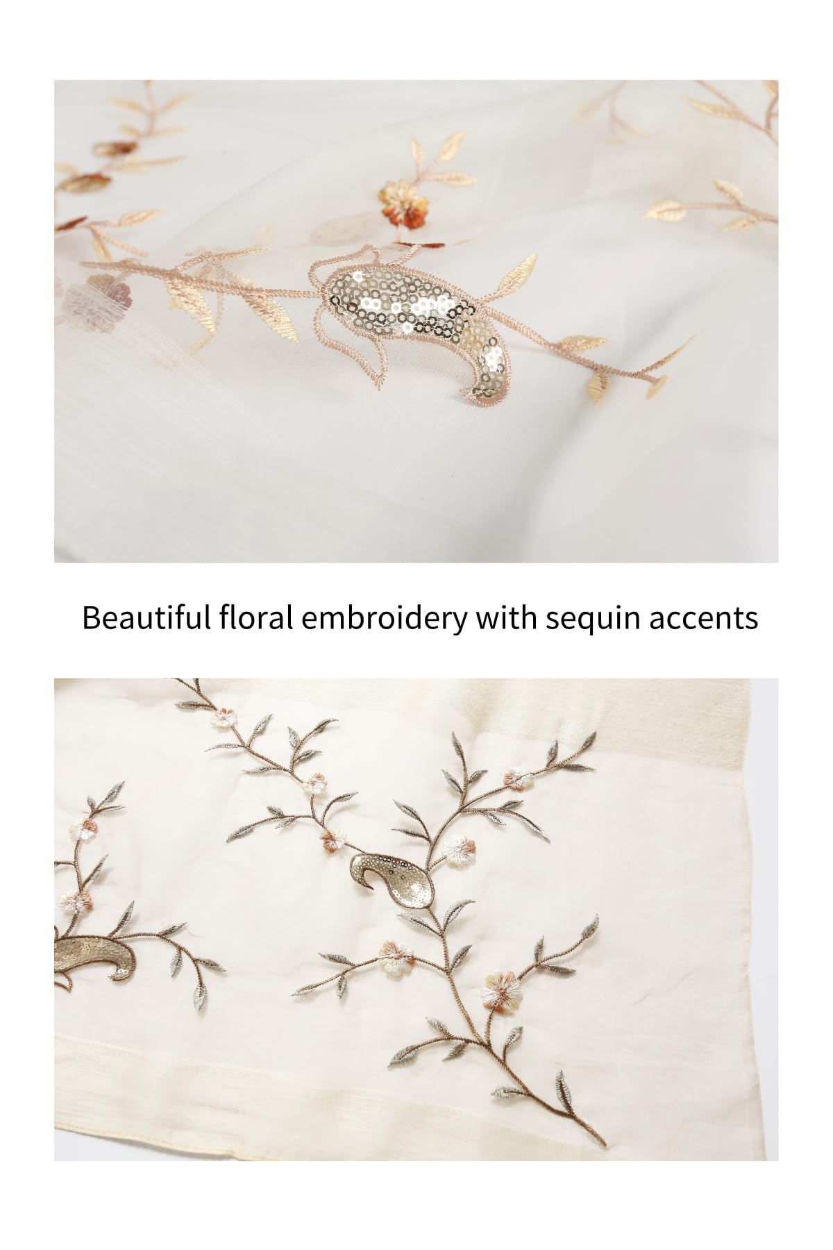 Two close ups of the vine embroidery with sequin accents on the khaki ground