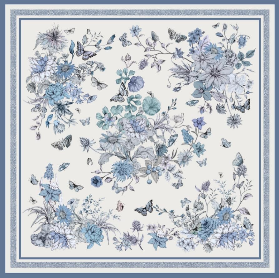 Flat view of the pale blue botanical silk scarf showing butterflies dragonflies and the slim blue rule border