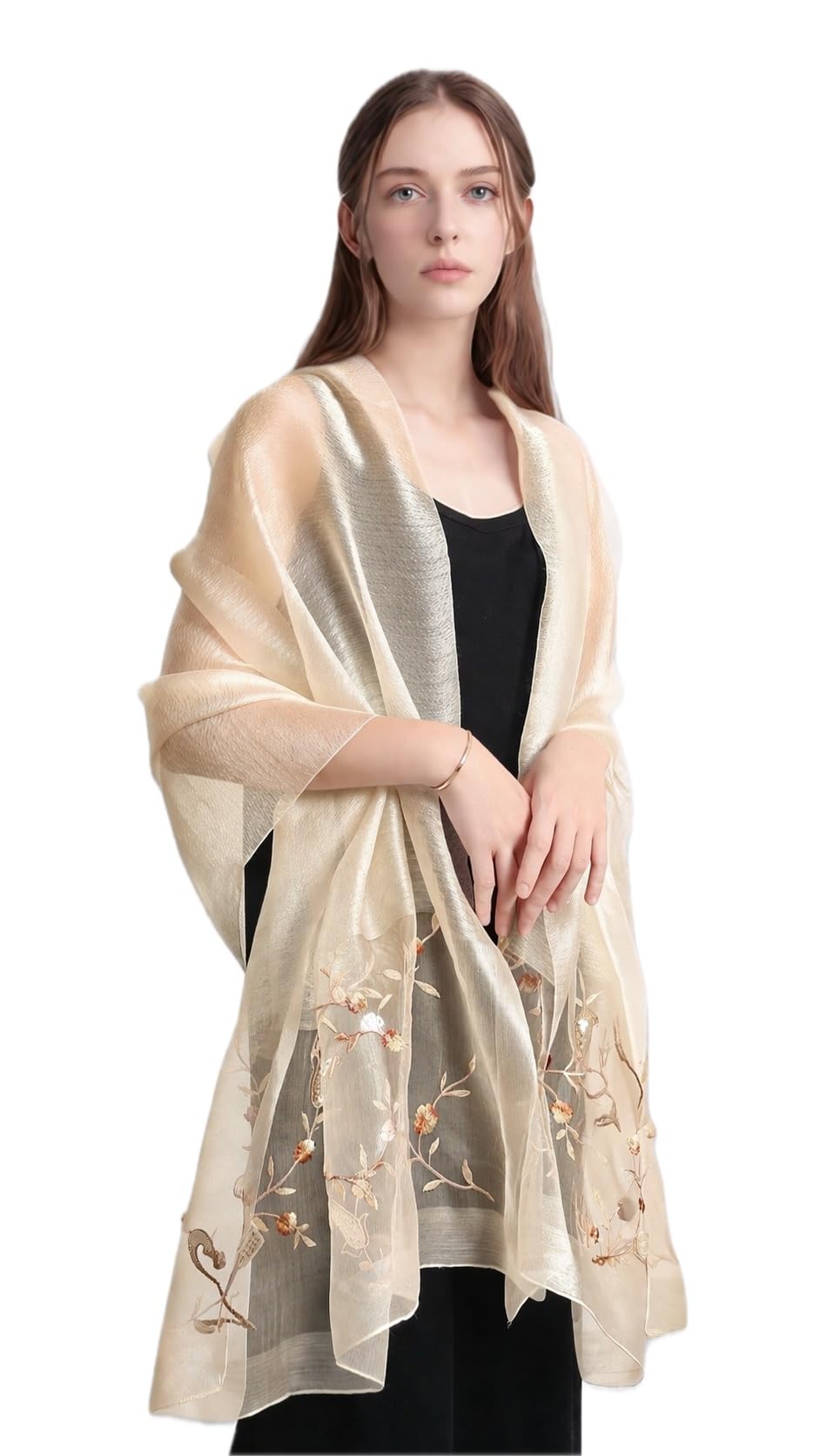 Khaki gold semi sheer shawl with trailing vine embroidery worn draped over a black dress
