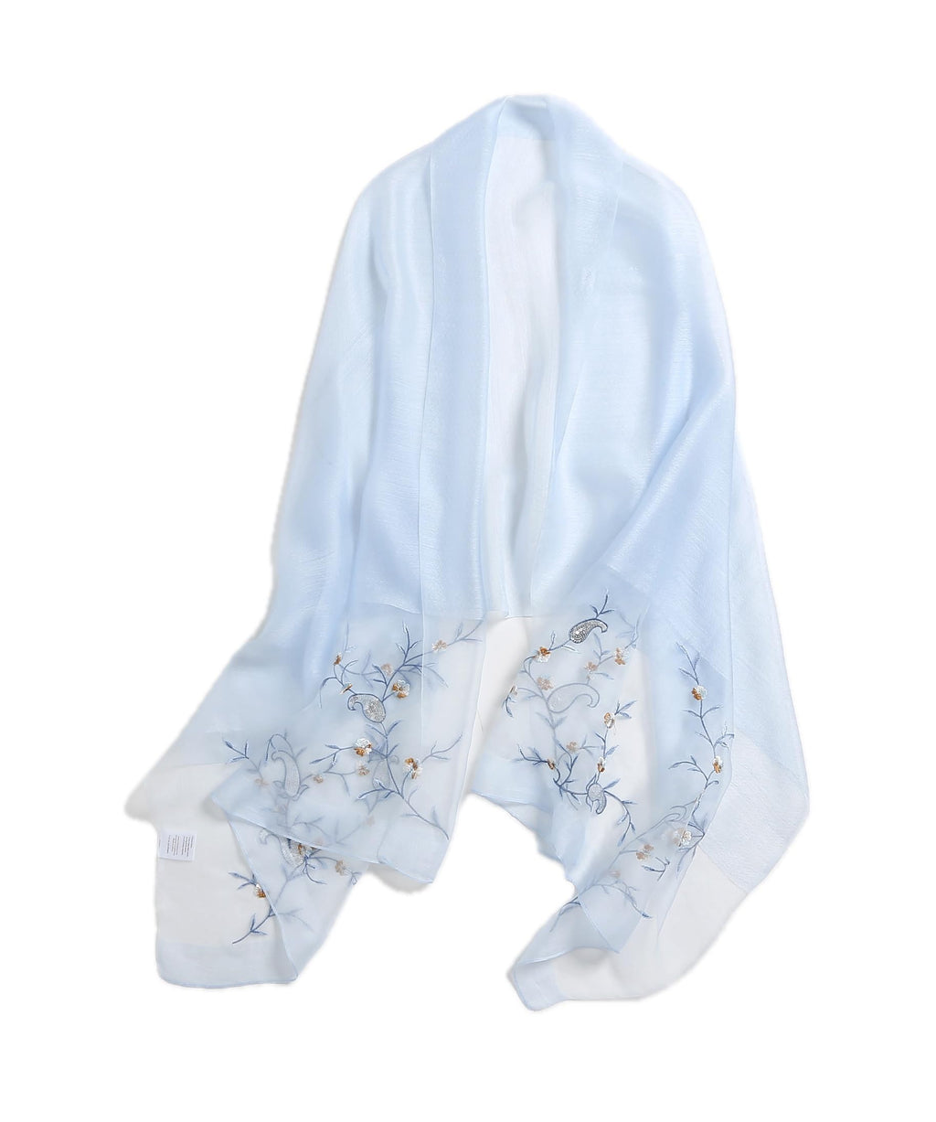 Pale blue semi sheer shawl with fine trailing vine embroidery and sequins across both ends