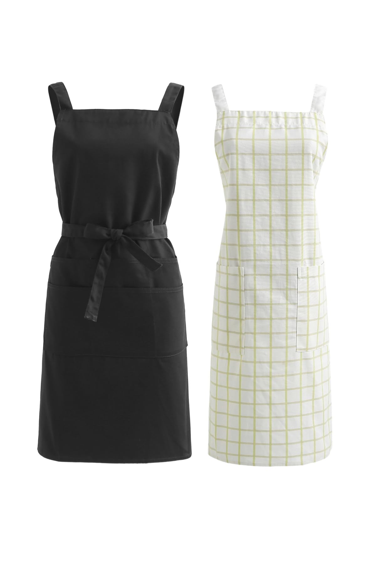 Plain black apron and a pale green windowpane check apron shown side by side