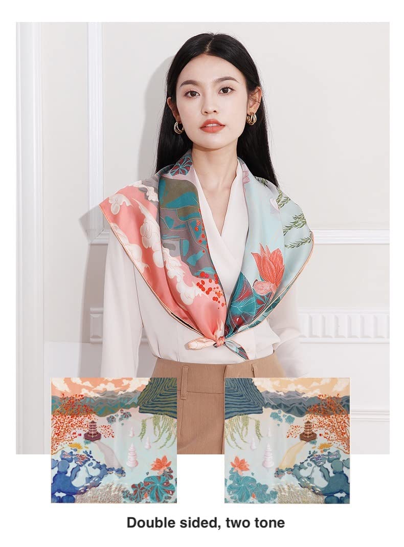 Model wearing the jade and blush lotus print silk scarf with both colourways shown below