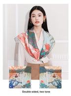 Model wearing the jade and blush lotus print silk scarf with both colourways shown below