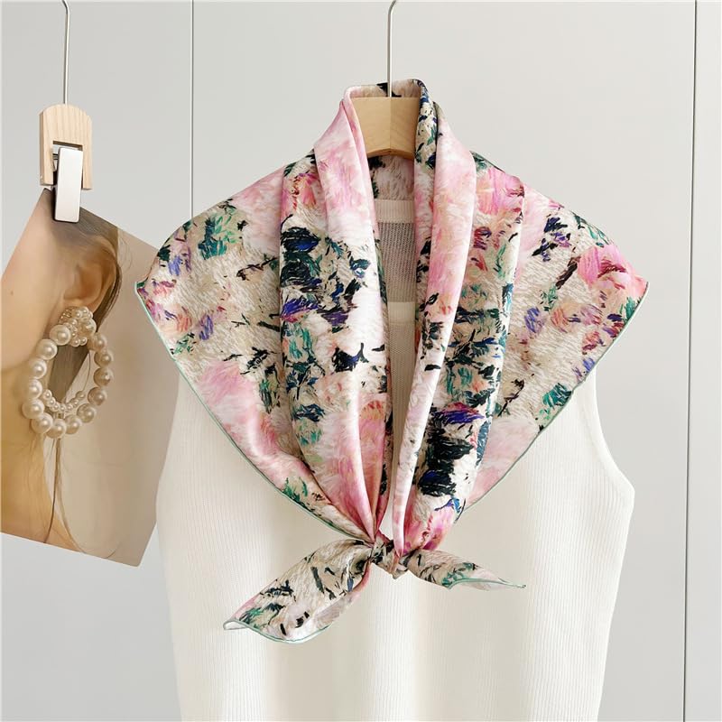 The painted floral silk scarf tied loosely showing the visible brushwork
