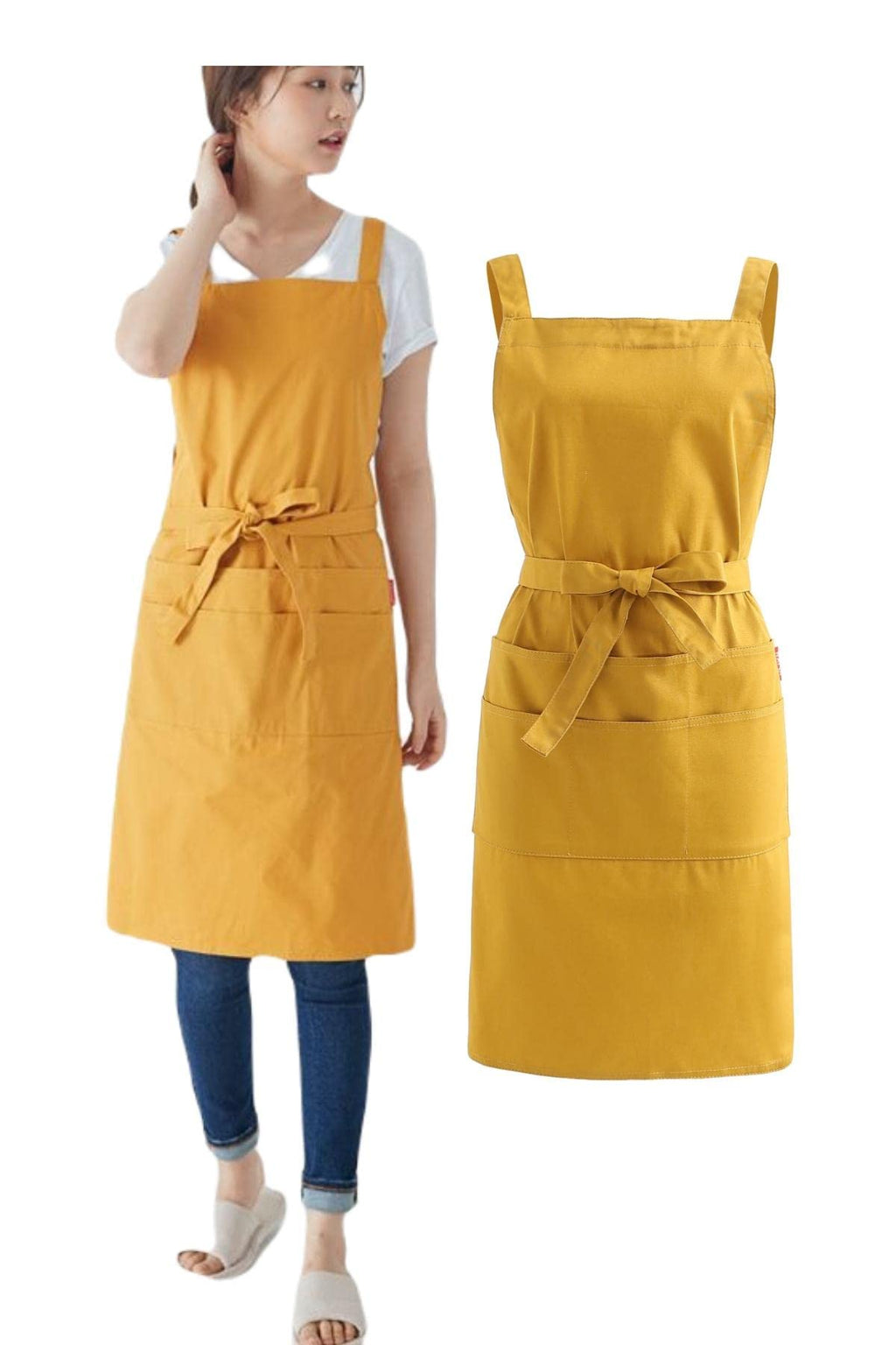 Woman in a mustard yellow cotton twill apron beside the same apron shown flat