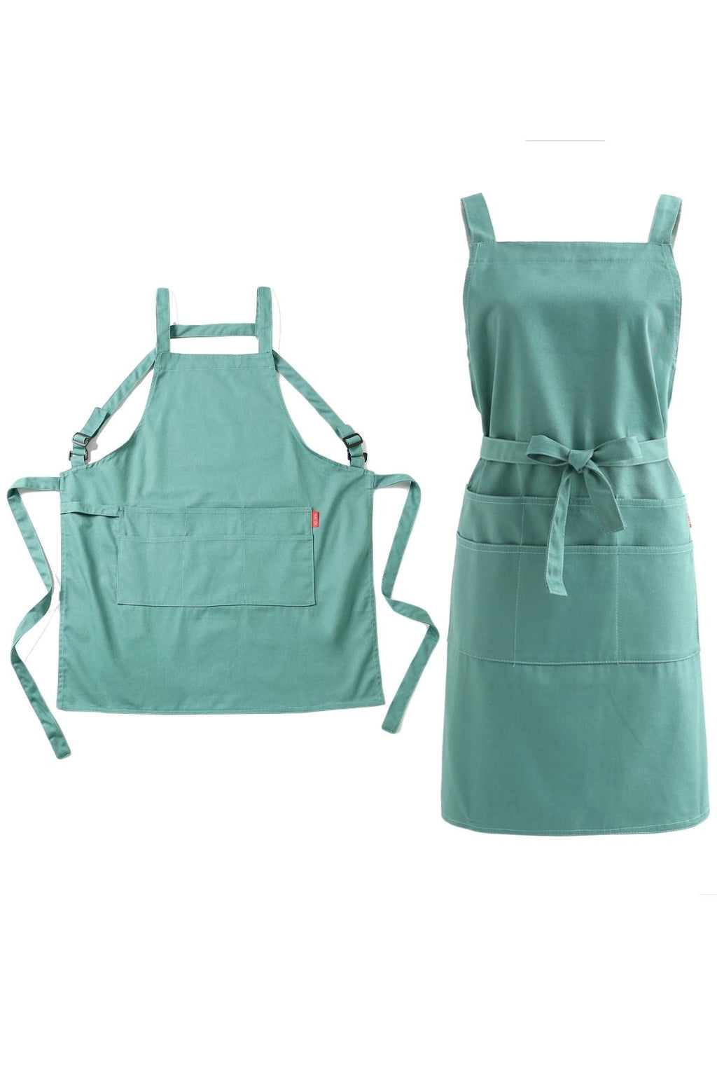 Mint green cotton twill apron shown from the back and the front with H shaped straps