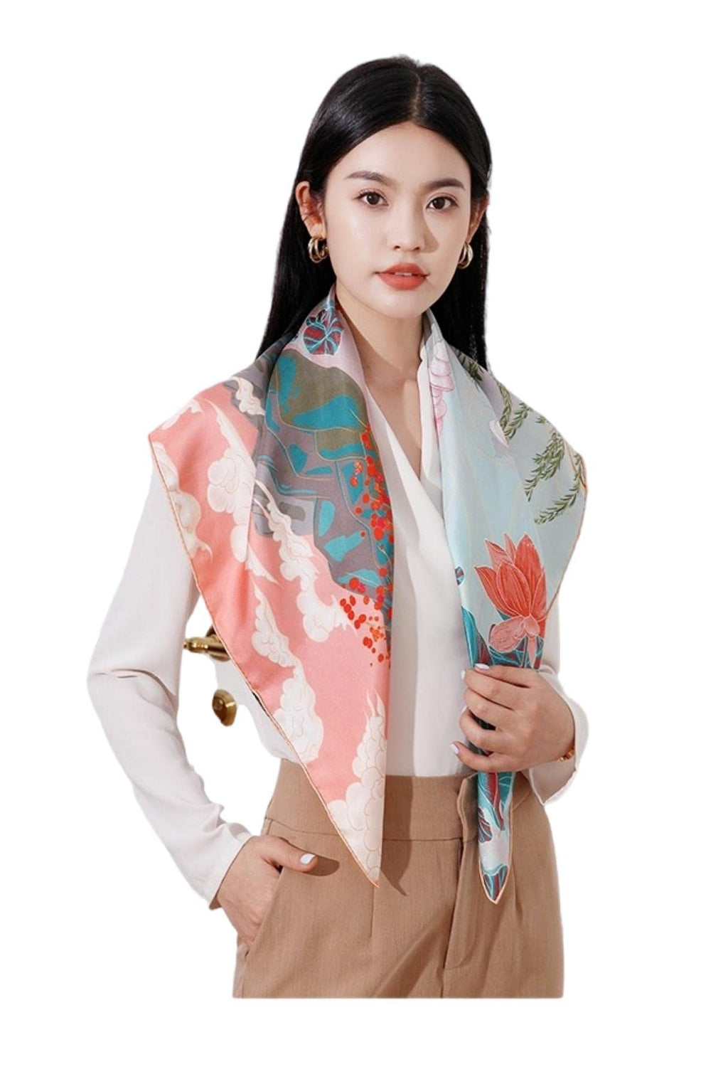 Silk scarf printed with red lotus a pagoda and green water in blue green and blush colourways