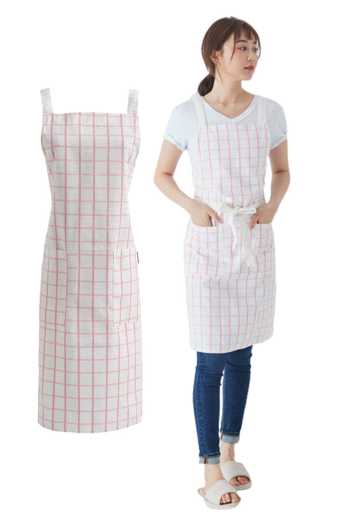 Woman wearing a soft pink windowpane check cross back apron