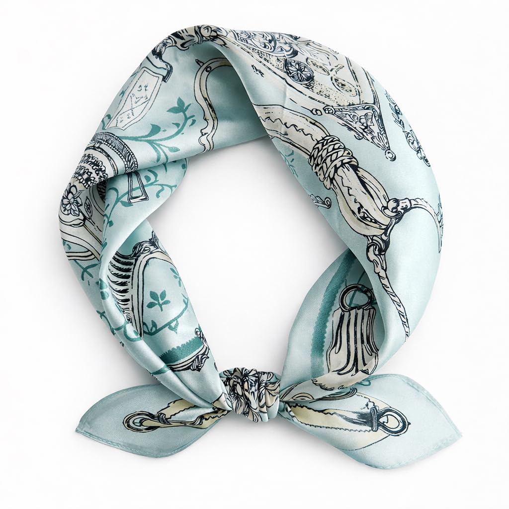 Pale aqua harness-print square folded into a loop and tied in a small centre knot