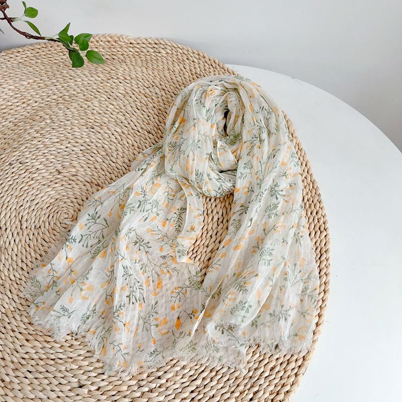 Yellow botanical linen scarf draped, showing the full six and a half foot length